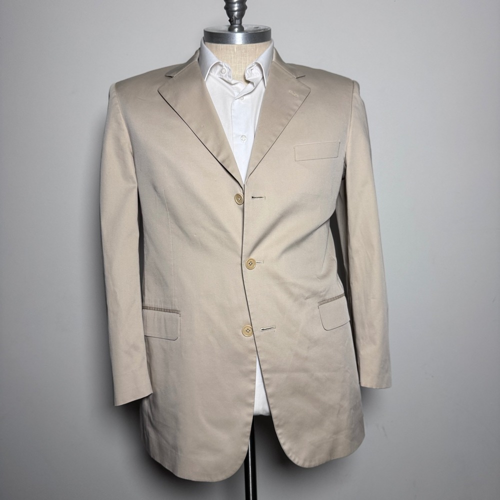Brooks Brothers Blazer Mens 42L Khaki Tan Solid 3-Button Cotton Sport Coat